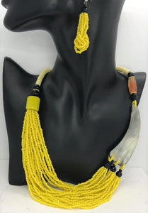 This Is Authentic African Queen Ware, Yellow Seed Bead & Horn Necklace Set, Or Brown.