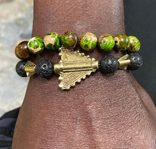 Load image into Gallery viewer, Yoruba Aganyu and Ochosi Inspired Warrior Arrow Bracelet Lava Rock and Green Jasper, Or Green Quartz &amp; Jade Semi Precious Stones
