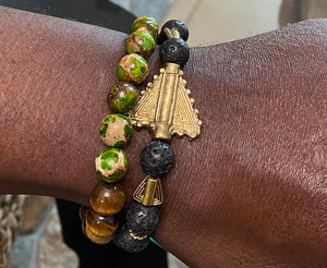 Yoruba Aganyu and Ochosi Inspired Warrior Arrow Bracelet Lava Rock and Green Jasper, Or Green Quartz & Jade Semi Precious Stones