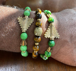 Yoruba Ochosi Arrow, Green Apple & Dragon Vein Agate with Tiger's Eye Stone Bracelets