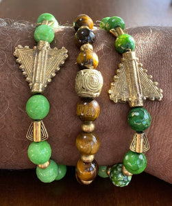 Yoruba Ochosi Arrow, Green Apple & Dragon Vein Agate with Tiger's Eye Stone Bracelets