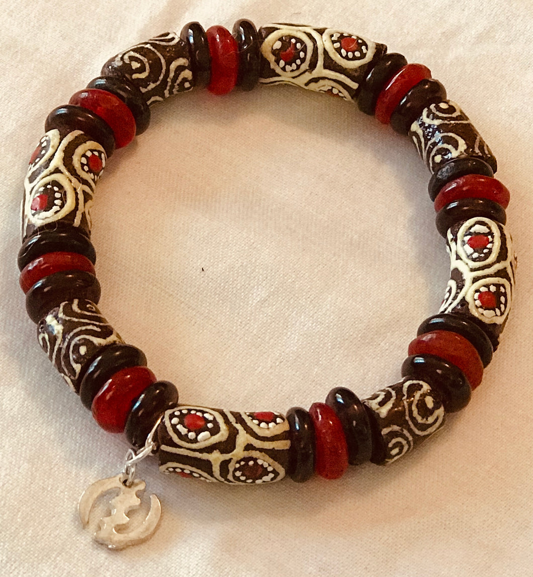 Krobo Bracelet Brown Burgundy Cream With A Gye Nyame Charm